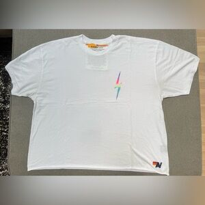 Aviator Nation White Short Sleeve Tee with Rainbow Lightning Bolt Chest